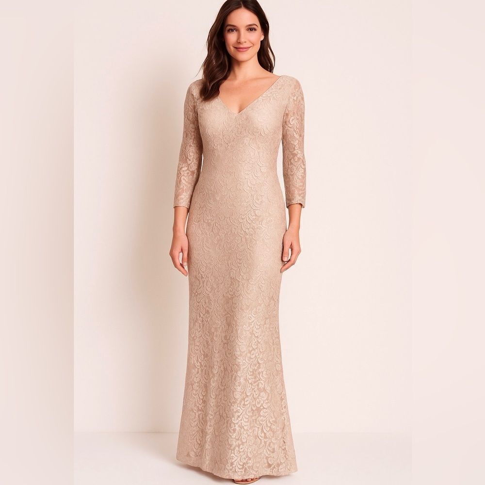 NWT Sparkly Blush Pink Formal Maxi Dress Sheer Long Sleeve Floral Lace Prom Gown